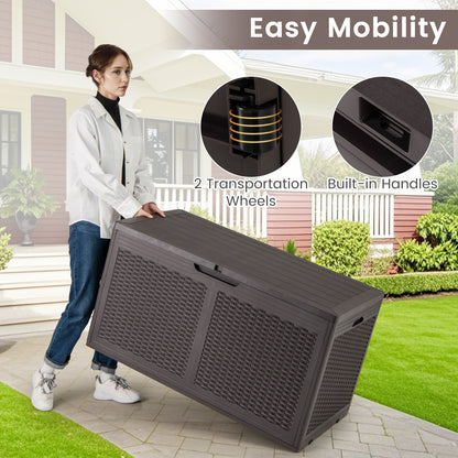 380L Resin Deck Box Outdoor Waterproof Storage Bench with Lockable Lid-Brown