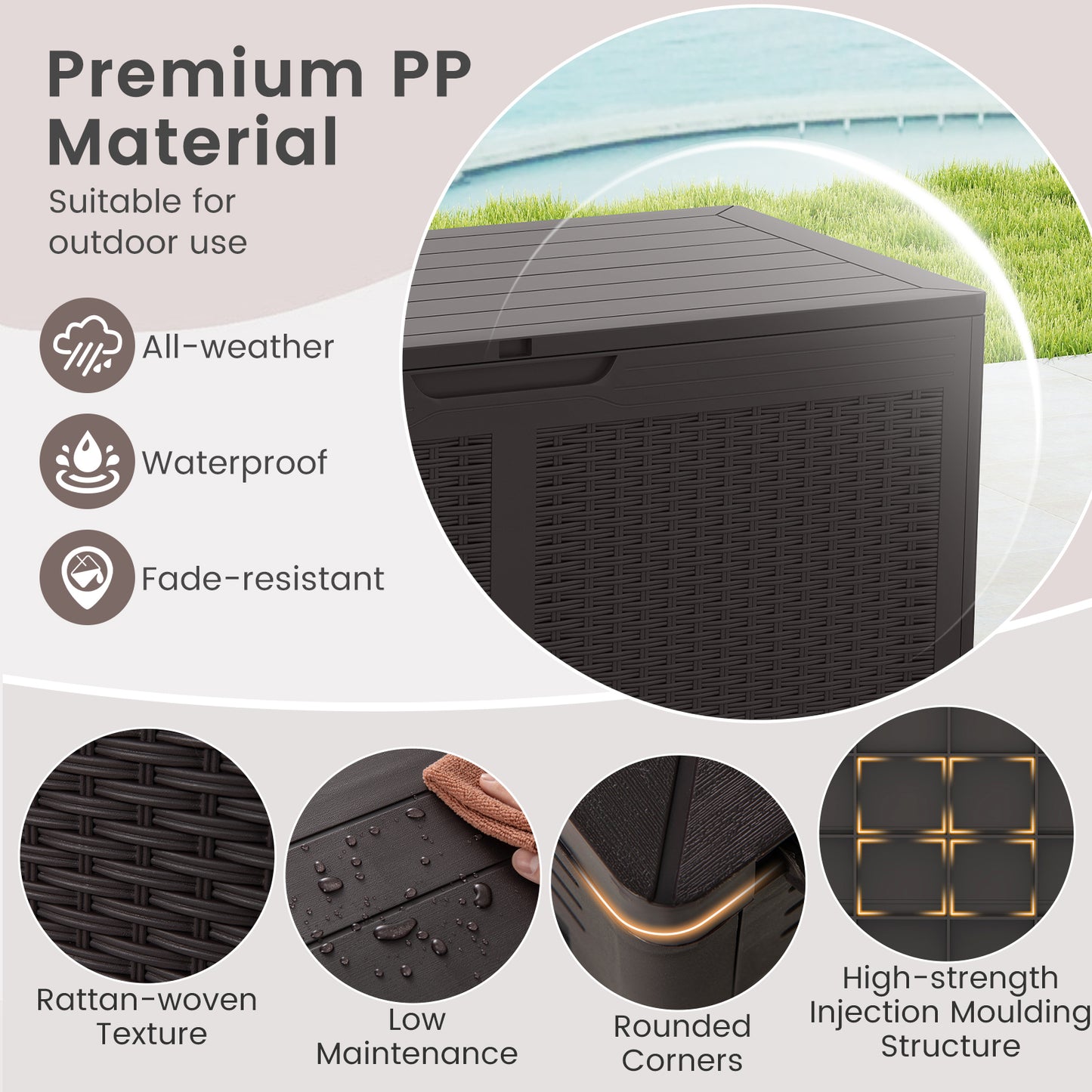 380L Resin Deck Box Outdoor Waterproof Storage Bench with Lockable Lid-Brown