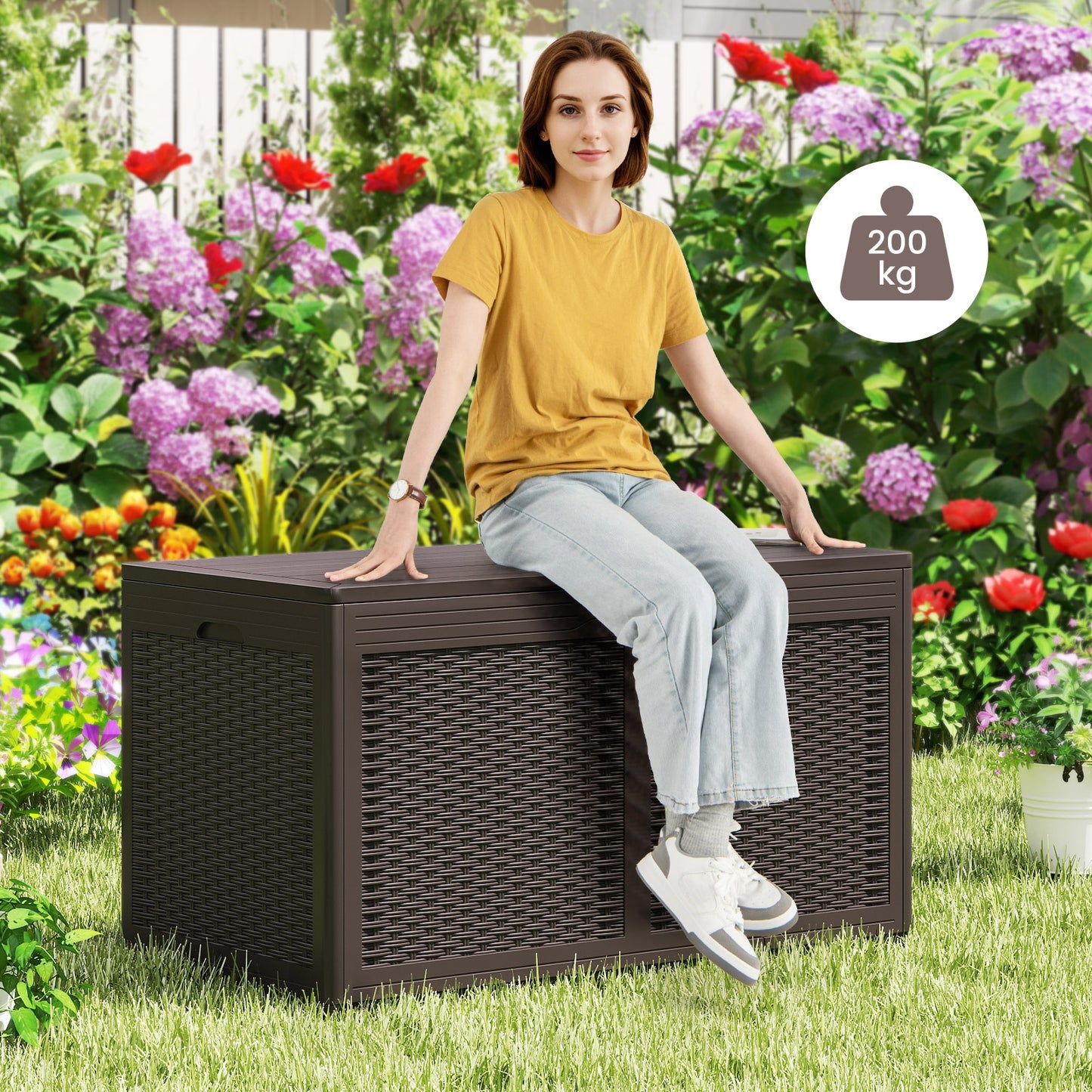 380L Resin Deck Box Outdoor Waterproof Storage Bench with Lockable Lid-Brown