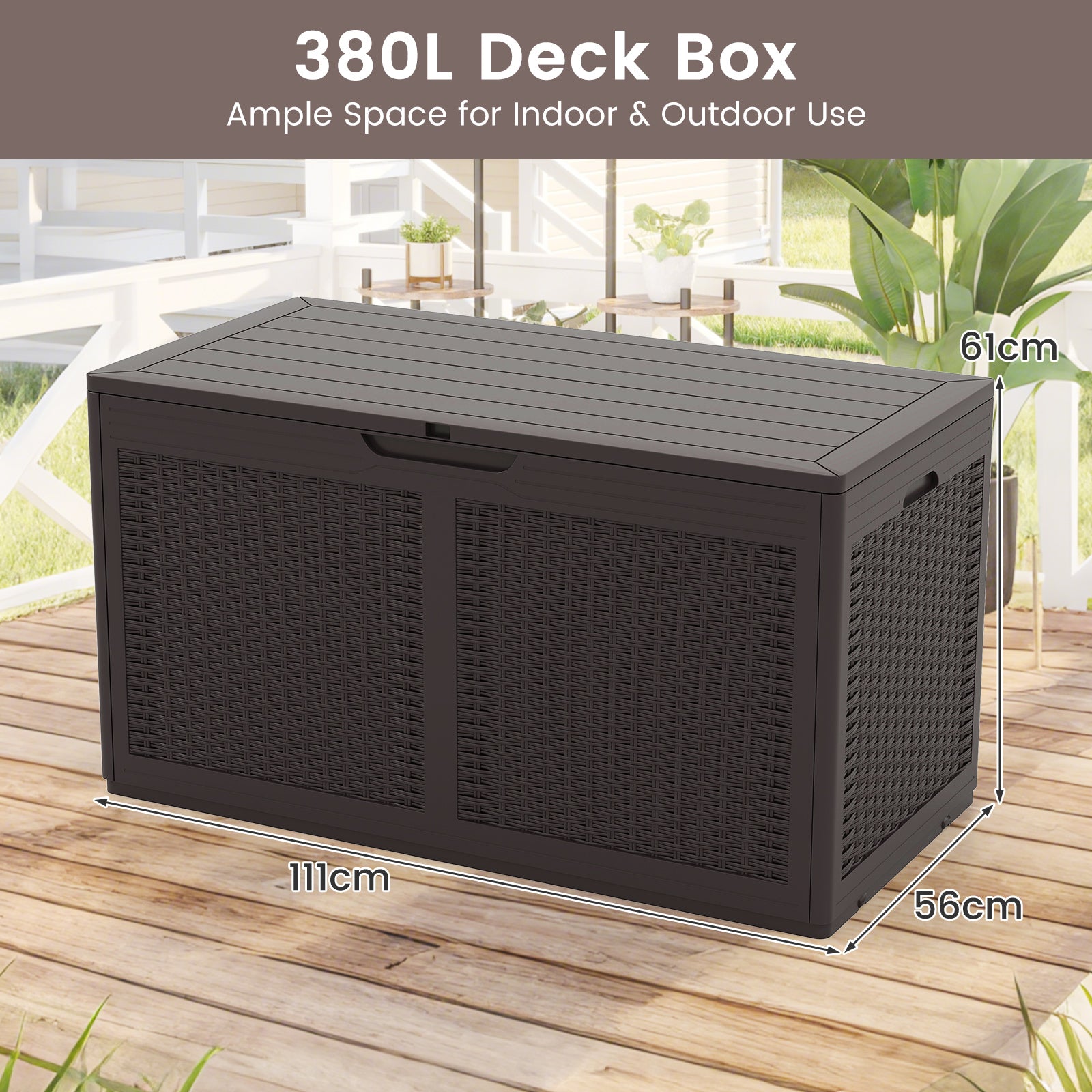 380L Resin Deck Box Outdoor Waterproof Storage Bench with Lockable Lid-Brown