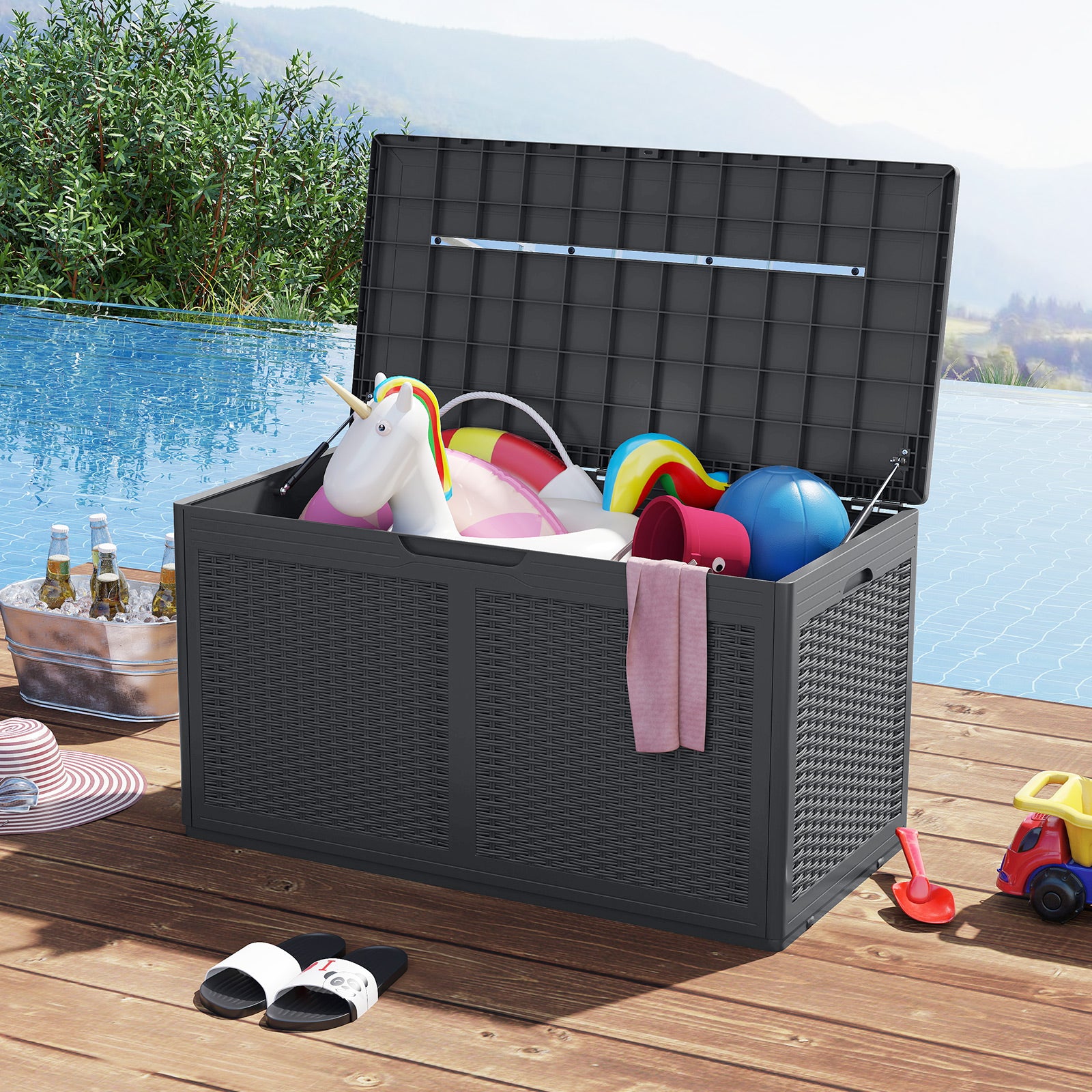 380L Resin Deck Box Outdoor Waterproof Storage Bench with Lockable Lid-Grey