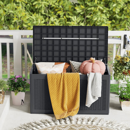 380L Resin Deck Box Outdoor Waterproof Storage Bench with Lockable Lid-Grey