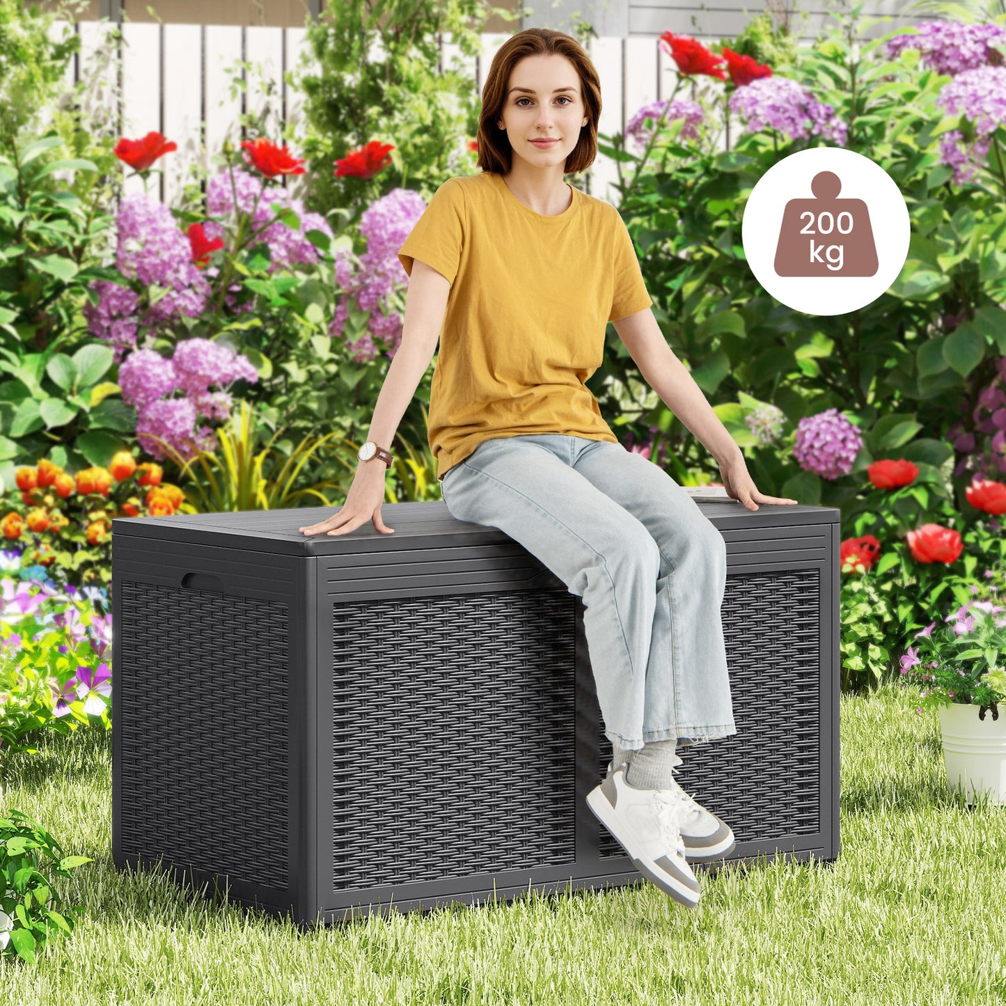 380L Resin Deck Box Outdoor Waterproof Storage Bench with Lockable Lid-Grey