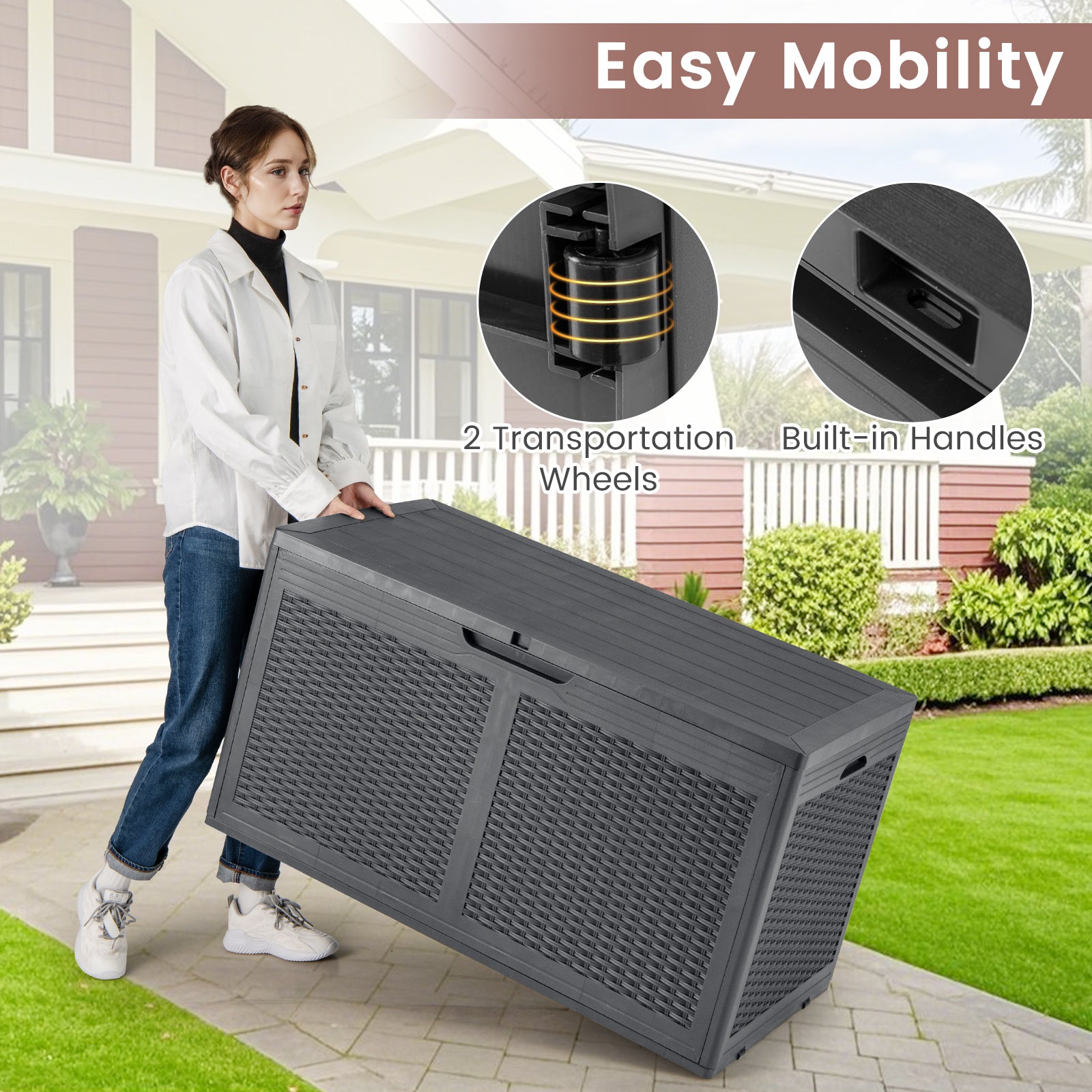 380L Resin Deck Box Outdoor Waterproof Storage Bench with Lockable Lid-Grey