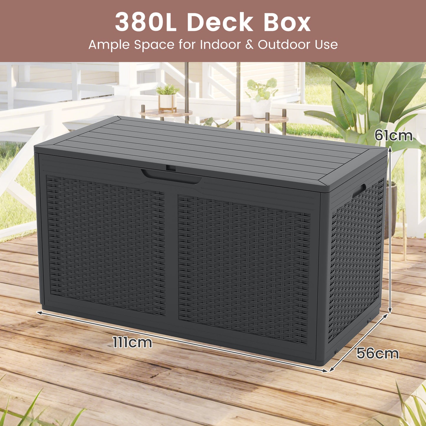 380L Resin Deck Box Outdoor Waterproof Storage Bench with Lockable Lid-Grey