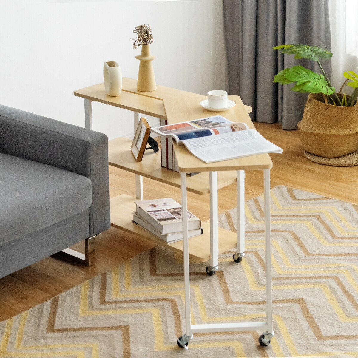 Costway L-Shape 360° Rotating Computer PC Desk Corner Table-natural
