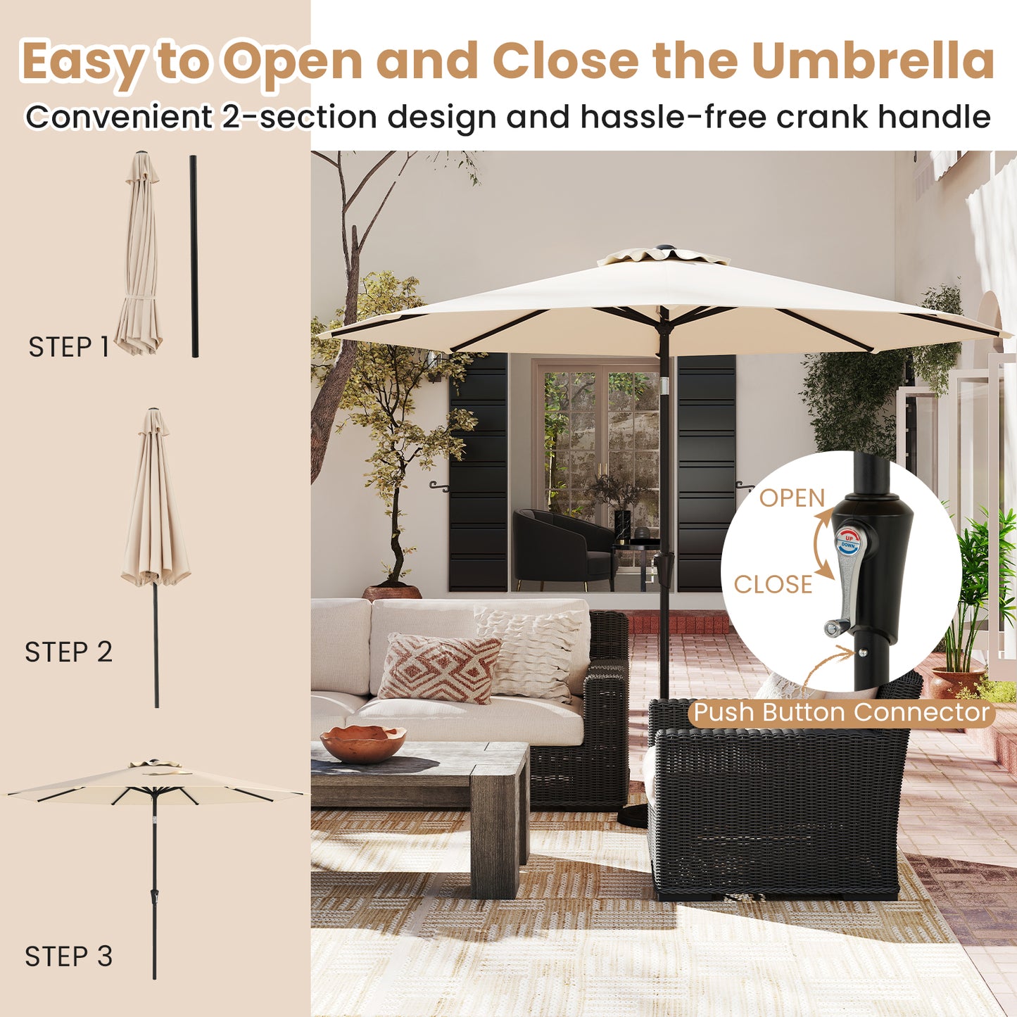 3M Patio Umbrella 8 Ribs with Tilt Mechanism and Crank Handle and Vented Top-Beige