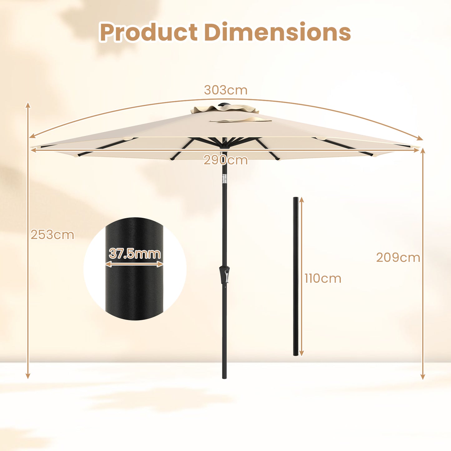 3M Patio Umbrella 8 Ribs with Tilt Mechanism and Crank Handle and Vented Top-Beige