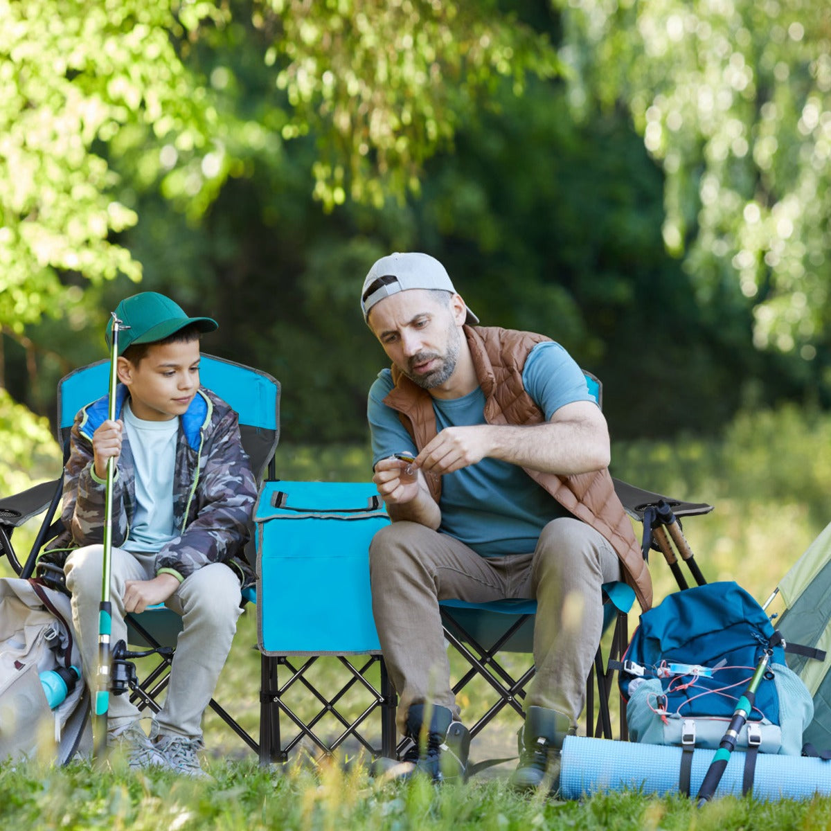 Double Folding Camping Chair with Canopy and Armrests-Blue