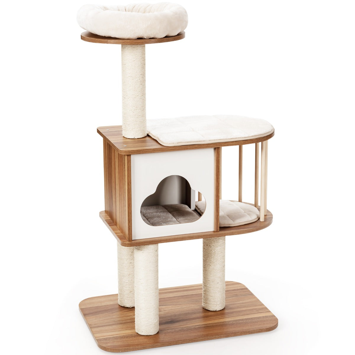 Wooden cat tower with climbing platforms, soft resting cushion, and durable sisal scratching posts