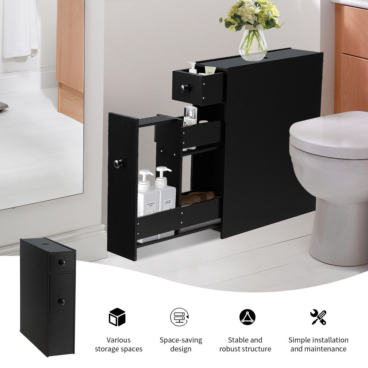 Freestanding  Slim Bathroom Storage Cabinet with Slide-out Drawers for Small/ Narrow Bathroom-Black