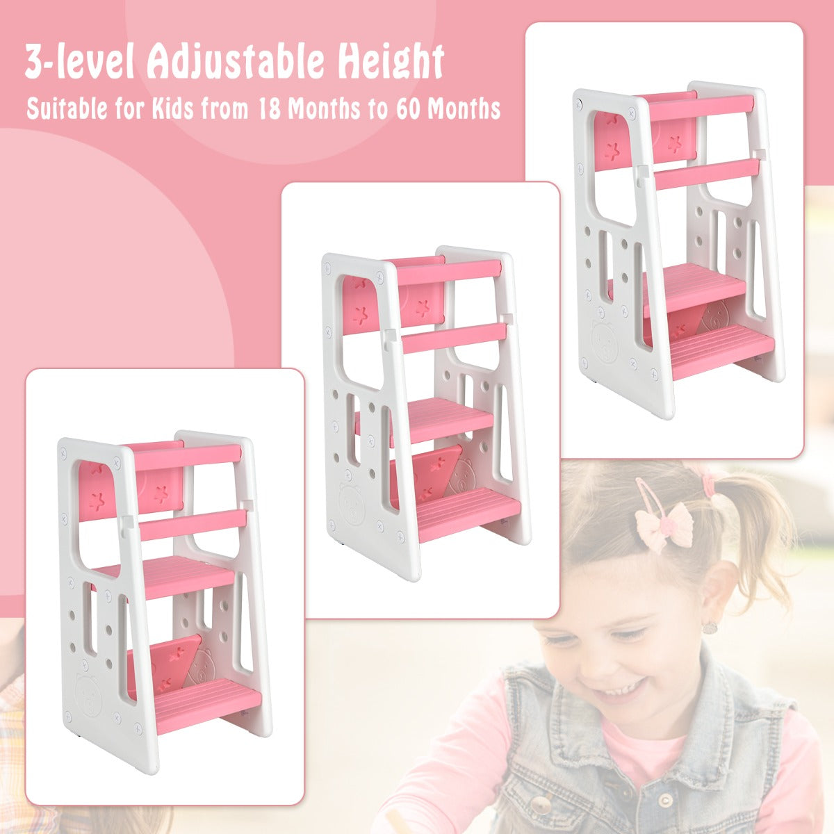 Two non-slip steps make it easier for toddlers to climb onto the kitchen helper tower