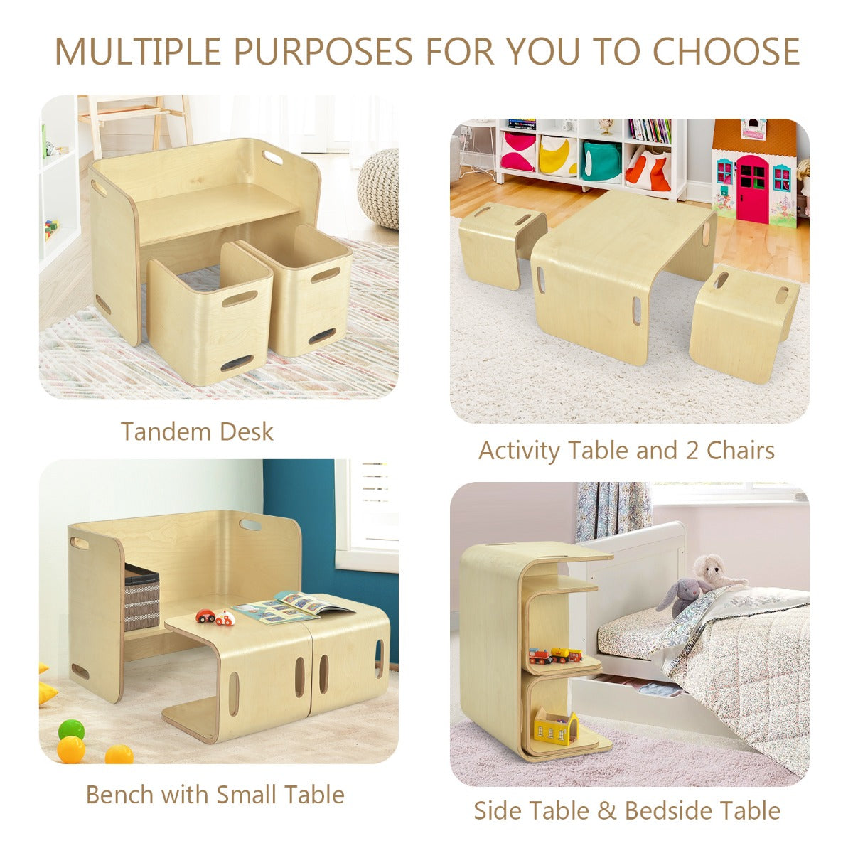 Kids Table and Chair Set with Storage Shelves-Natural