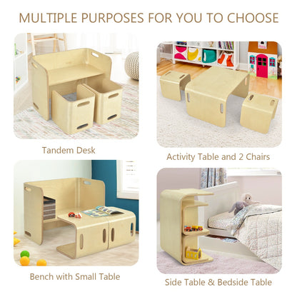 Kids Table and Chair Set with Storage Shelves-Natural