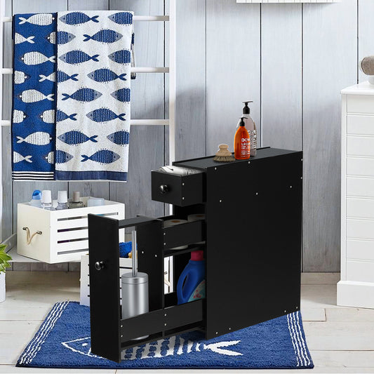 Freestanding  Slim Bathroom Storage Cabinet with Slide-out Drawers for Small/ Narrow Bathroom-Black