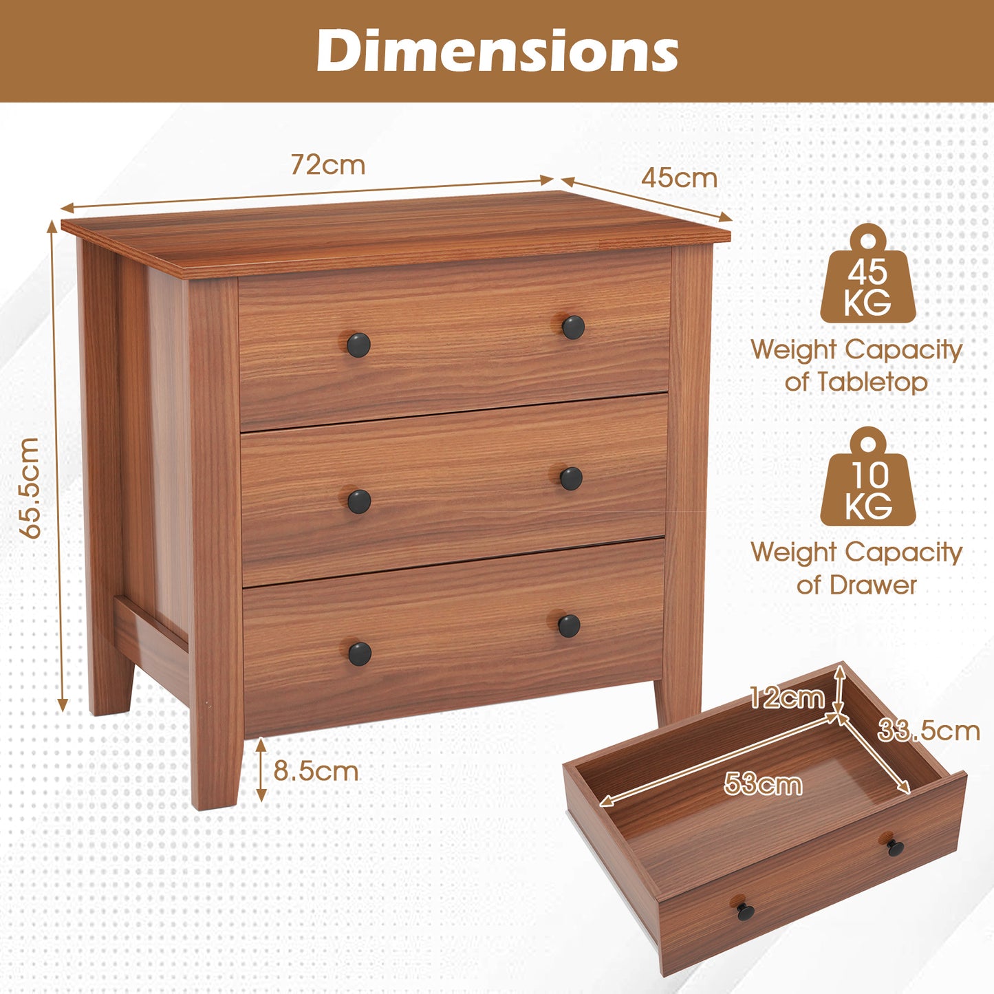 3-Drawer Dresser Wide Chest of Drawers-Walnut