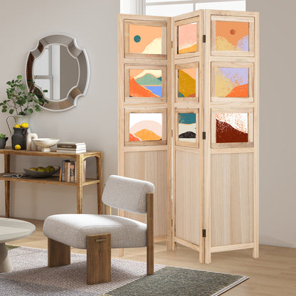 3 Panel Folding Privacy Screen with 9 Swivel Paulownia Wood Photo Frames-Natural