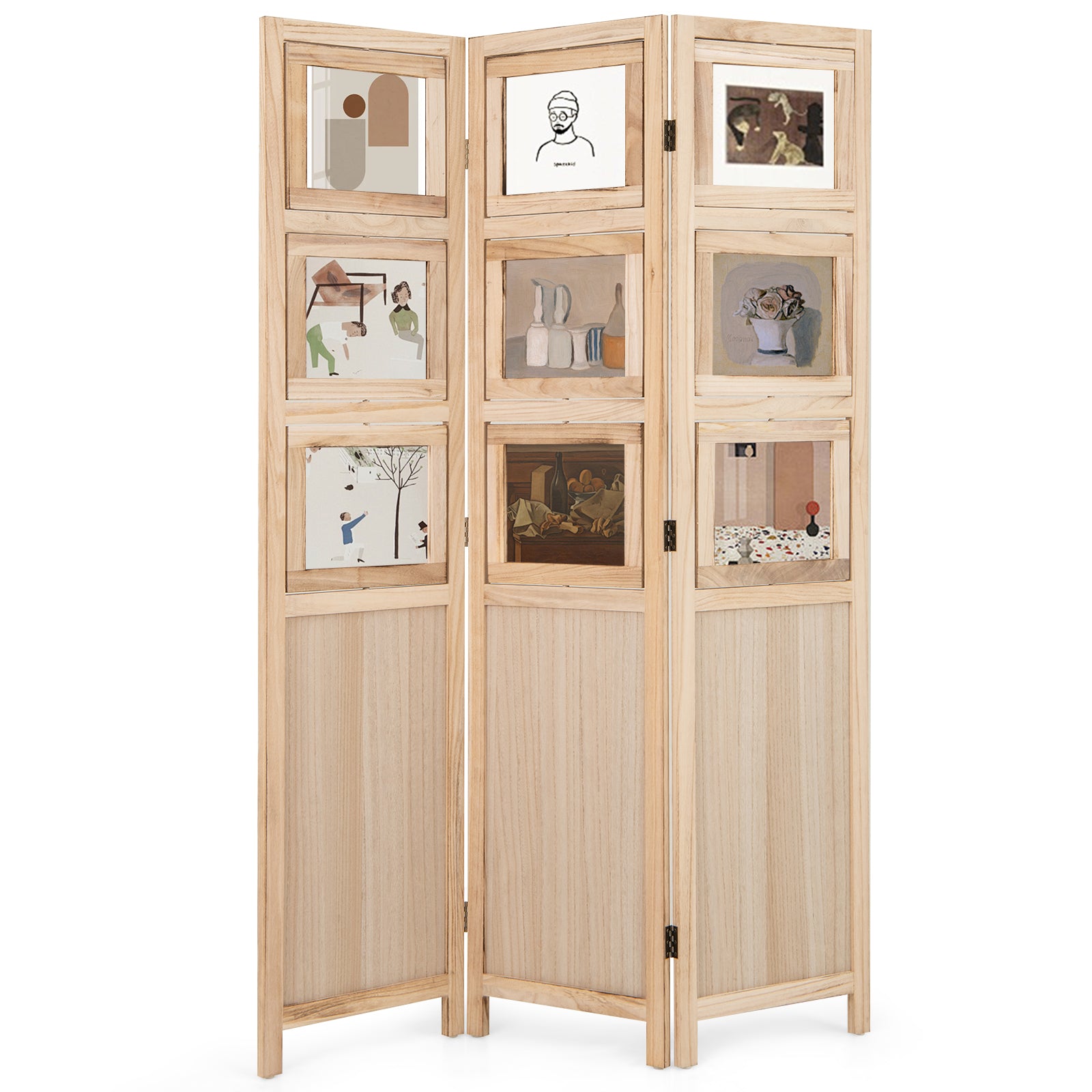 3 Panel Folding Privacy Screen with 9 Swivel Paulownia Wood Photo Frames-Natural