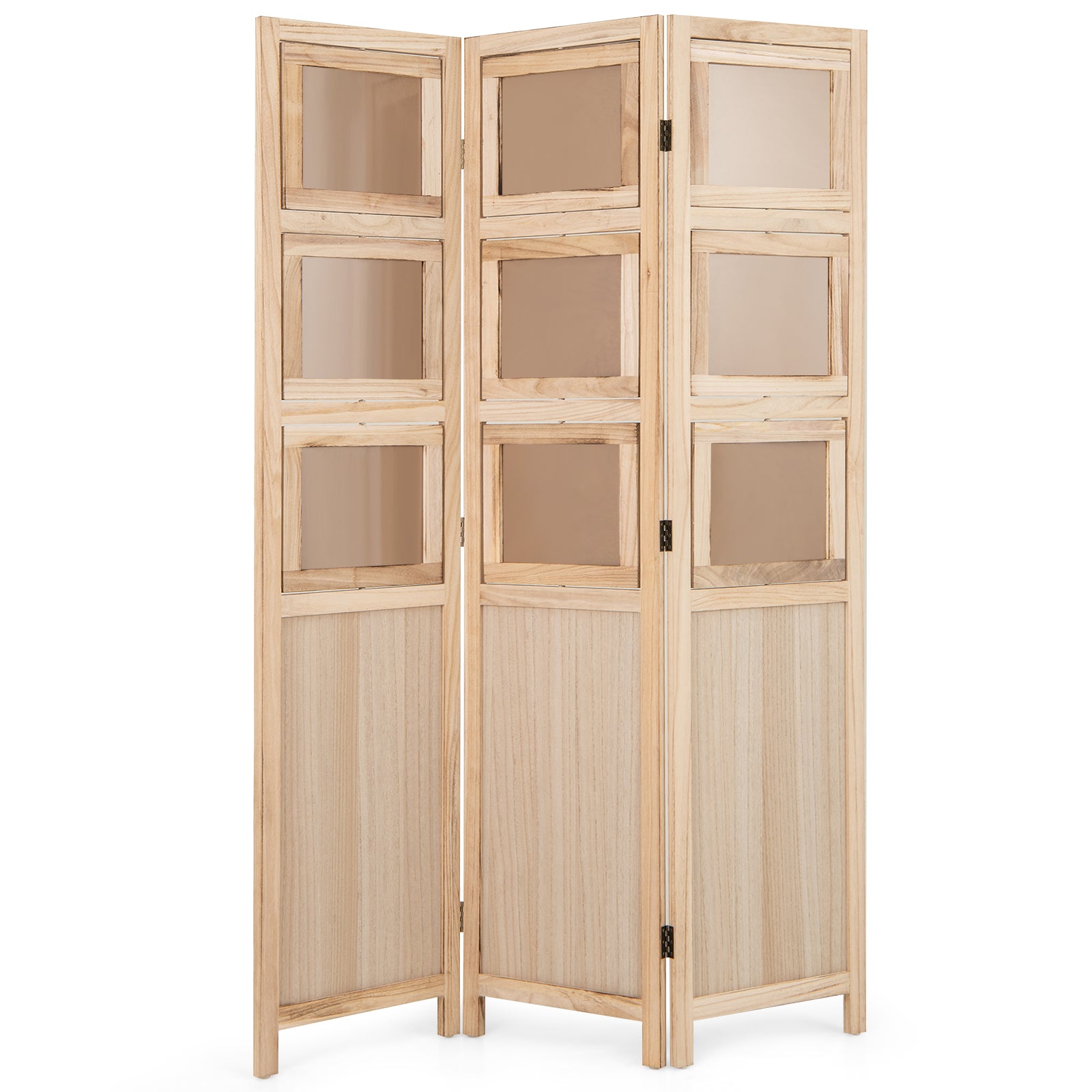 3 Panel Folding Privacy Screen with 9 Swivel Paulownia Wood Photo Frames-Natural