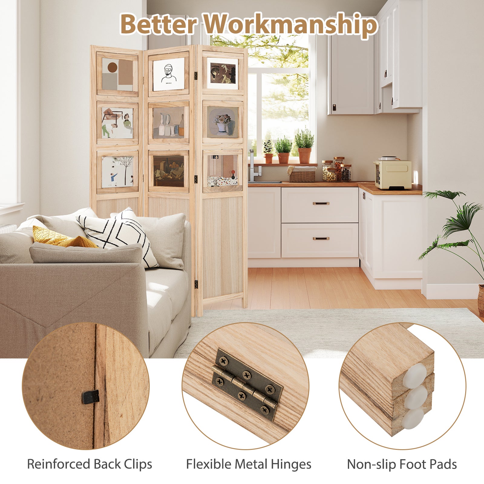 3 Panel Folding Privacy Screen with 9 Swivel Paulownia Wood Photo Frames-Natural