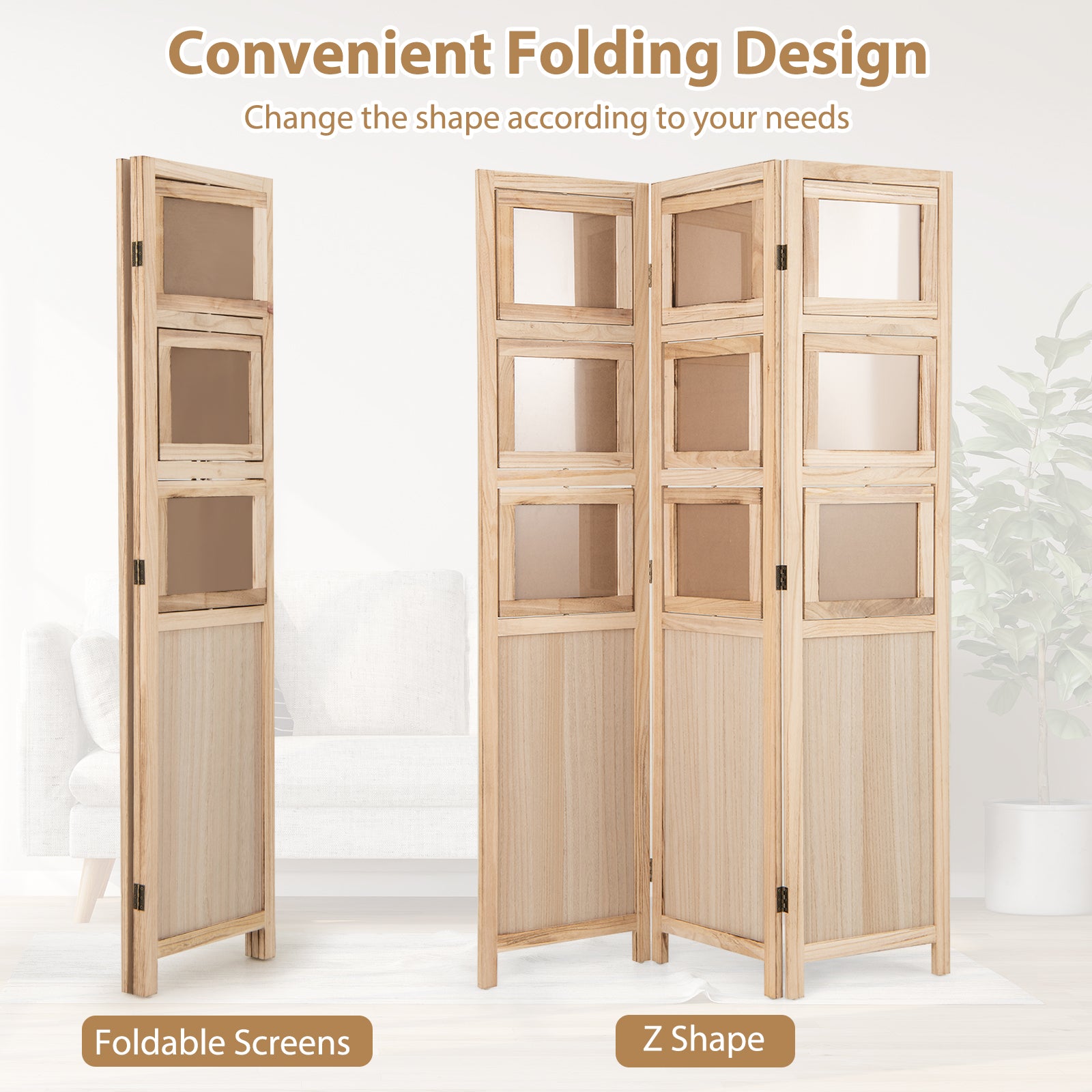 3 Panel Folding Privacy Screen with 9 Swivel Paulownia Wood Photo Frames-Natural