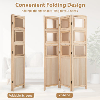 3 Panel Folding Privacy Screen with 9 Swivel Paulownia Wood Photo Frames-Natural