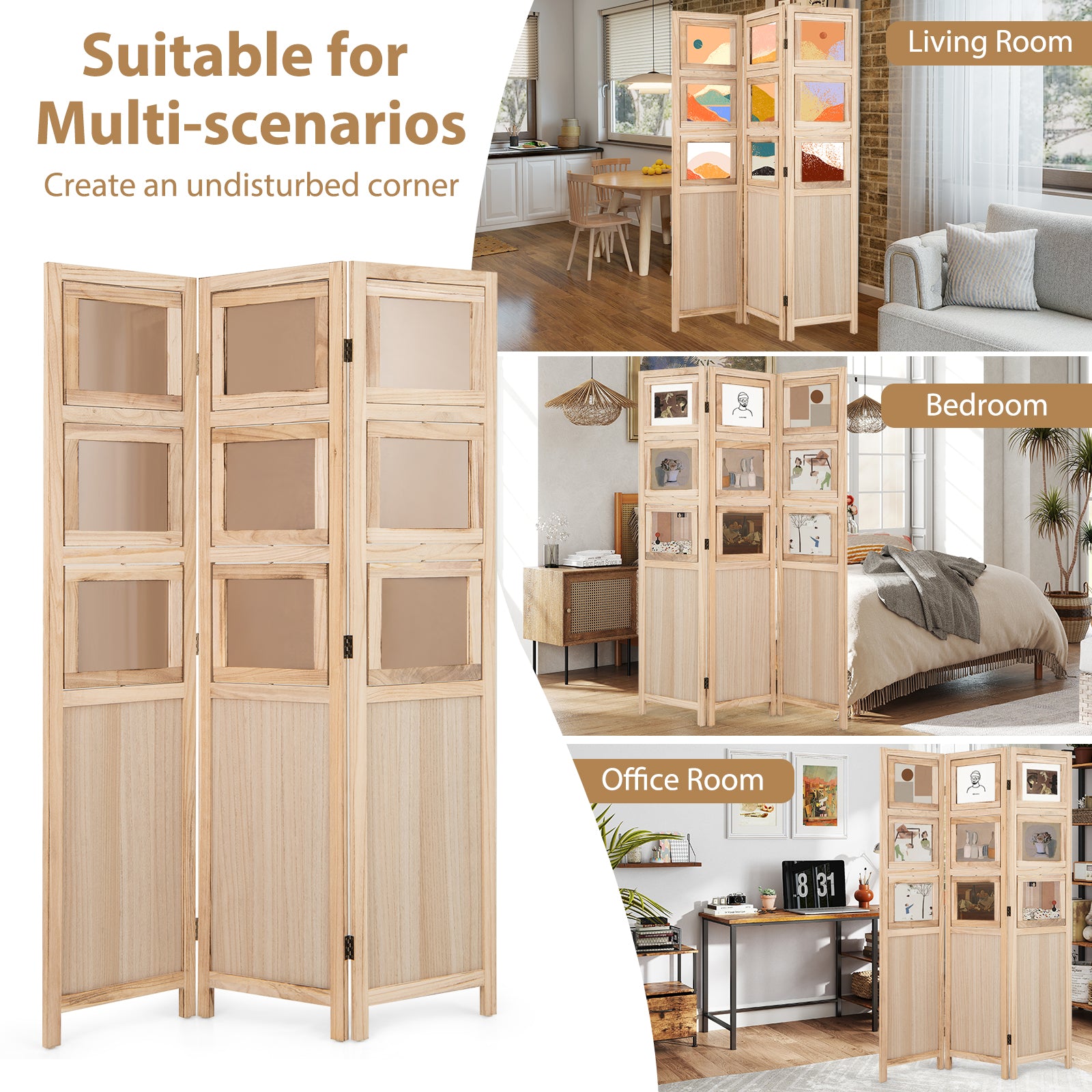 3 Panel Folding Privacy Screen with 9 Swivel Paulownia Wood Photo Frames-Natural