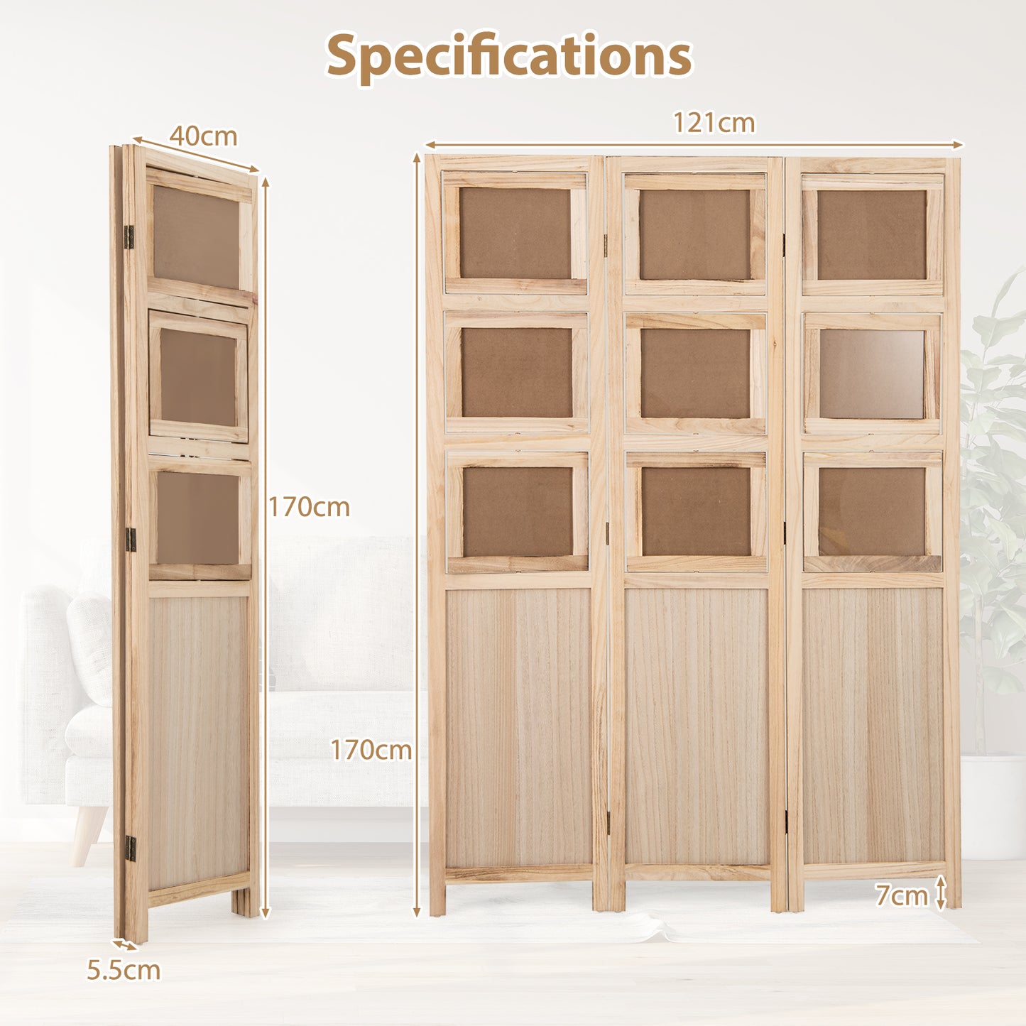 3 Panel Folding Privacy Screen with 9 Swivel Paulownia Wood Photo Frames-Natural