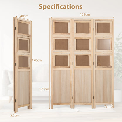 3 Panel Folding Privacy Screen with 9 Swivel Paulownia Wood Photo Frames-Natural