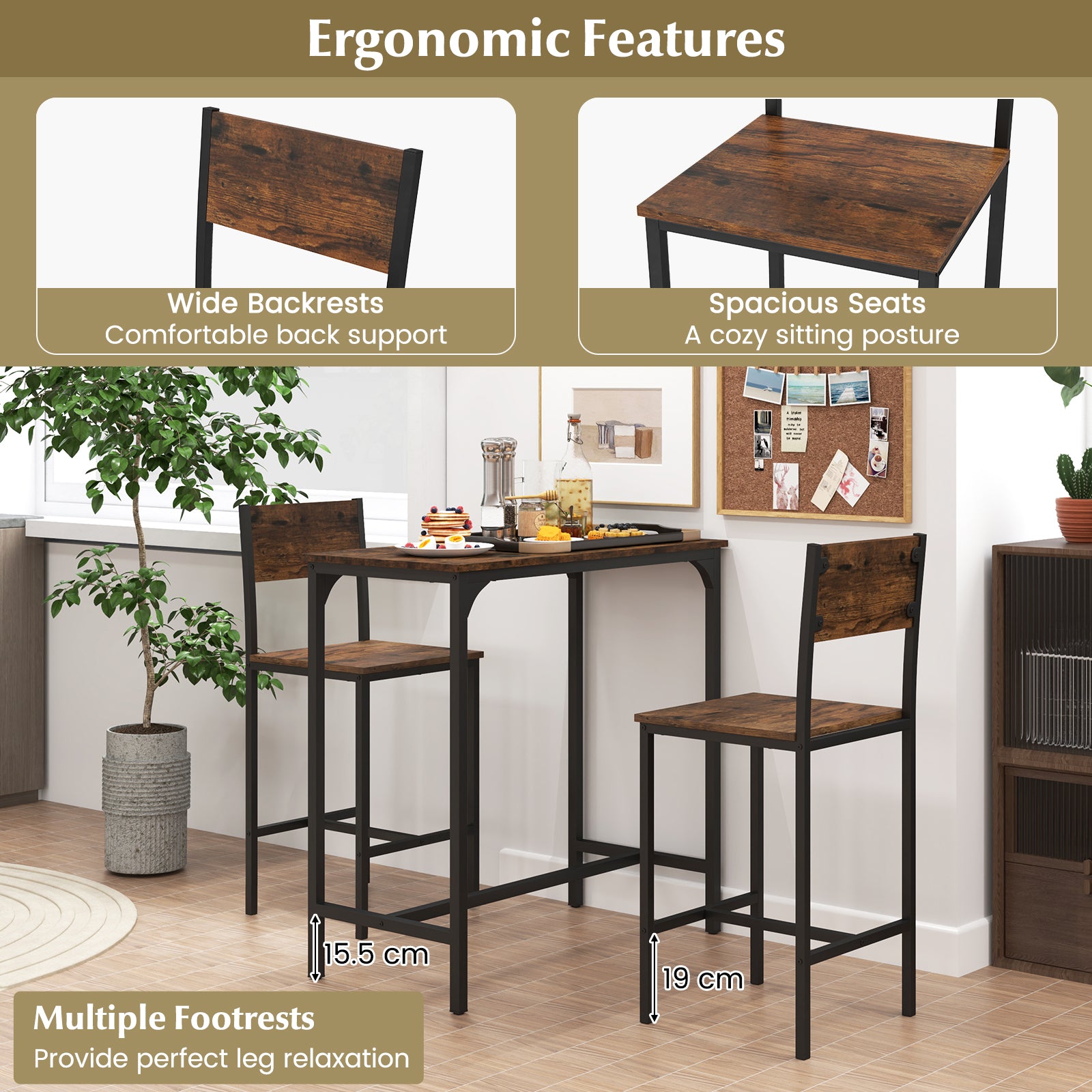 3 Piece Bar Table and Chair Set with Counter Height Stools-Coffee