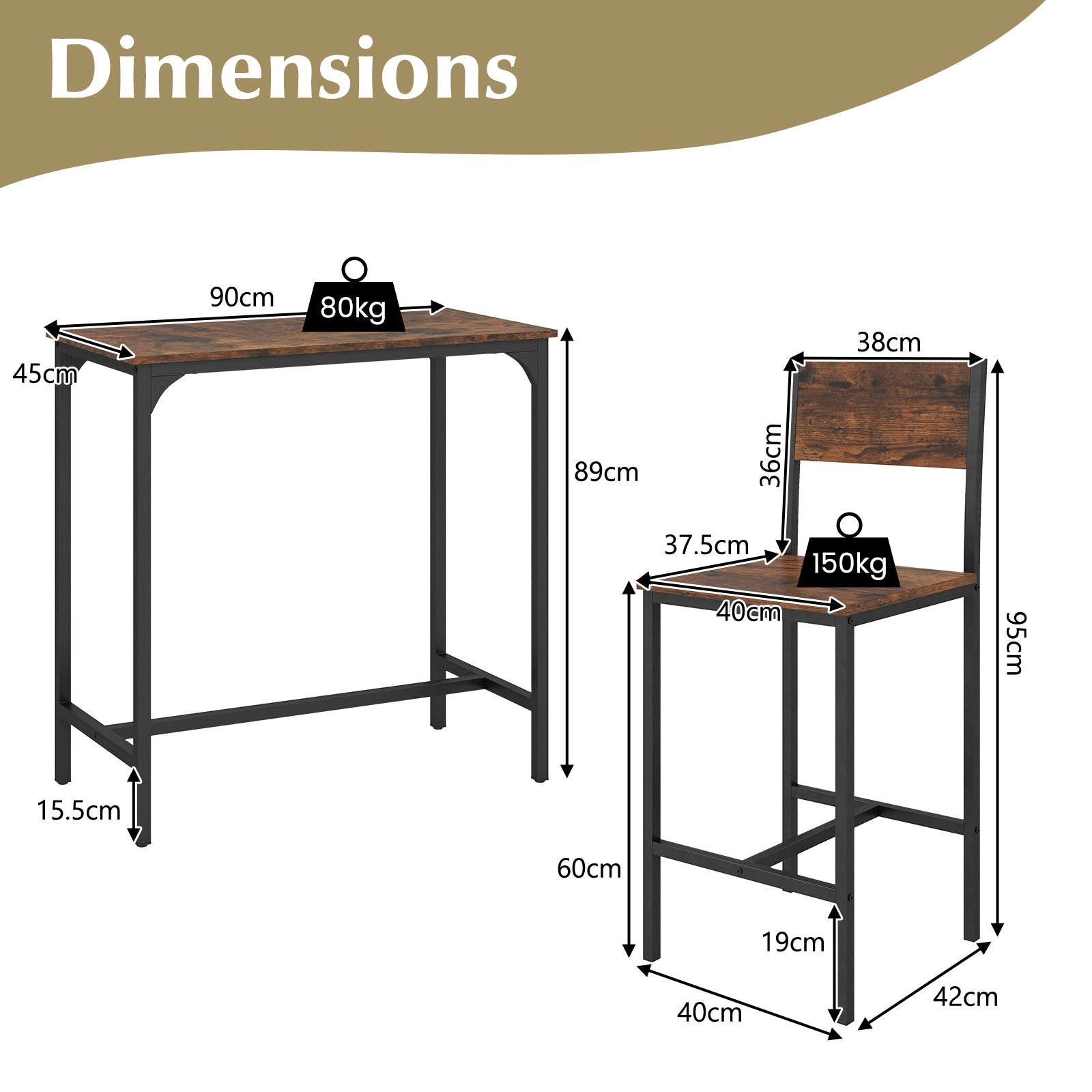 3 Piece Bar Table and Chair Set with Counter Height Stools-Coffee