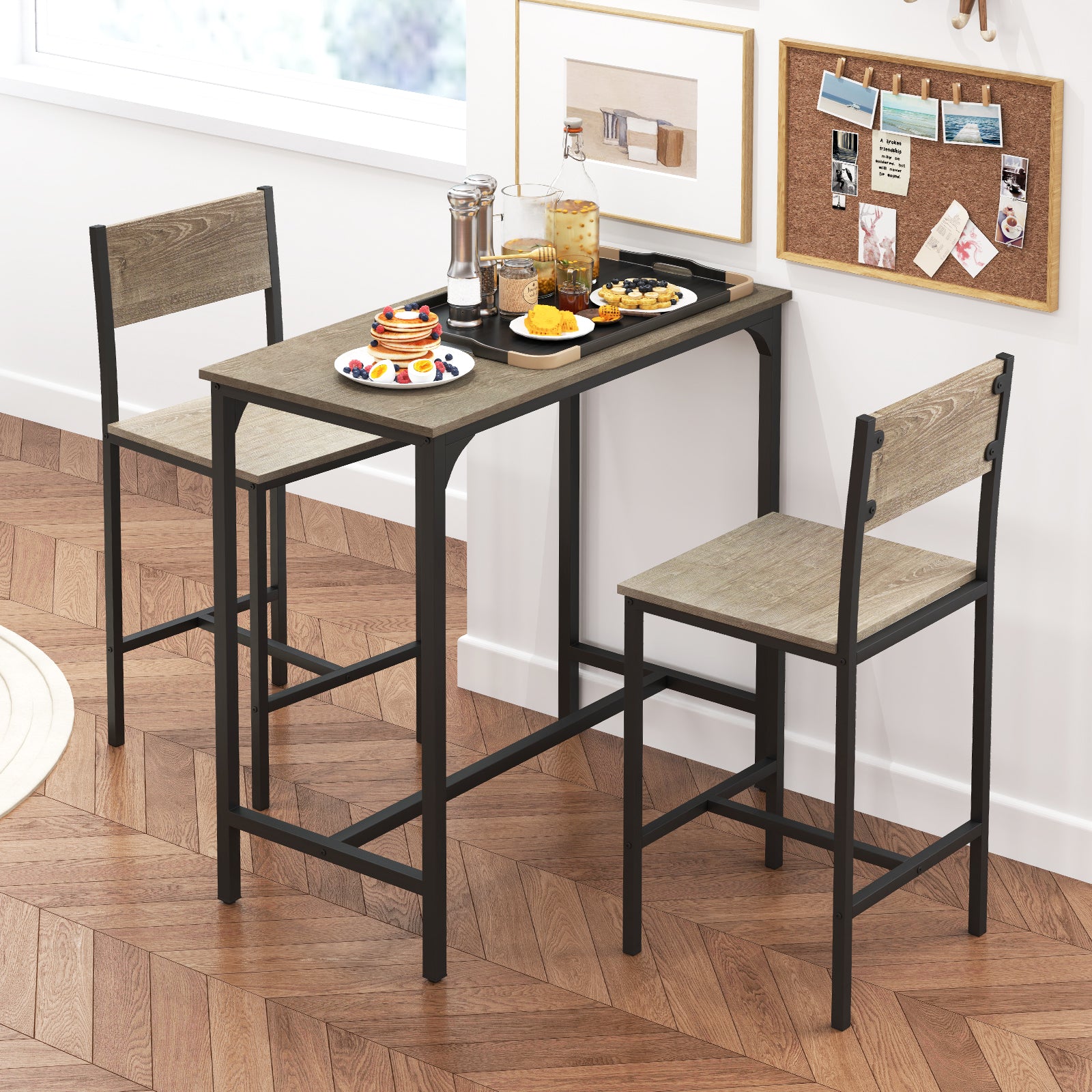 3 Piece Bar Table and Chair Set with Counter Height Stools-Grey