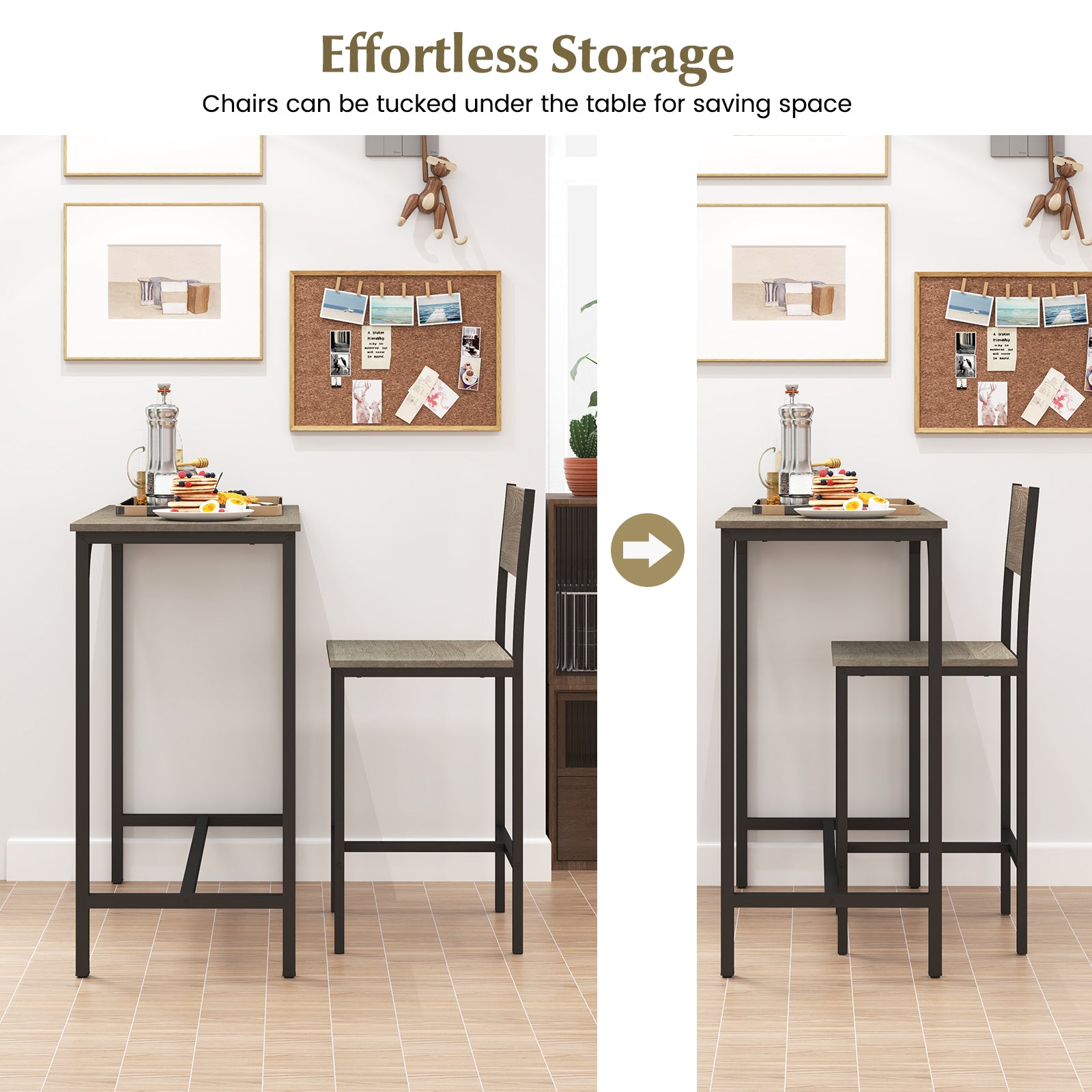 3 Piece Bar Table and Chair Set with Counter Height Stools-Grey
