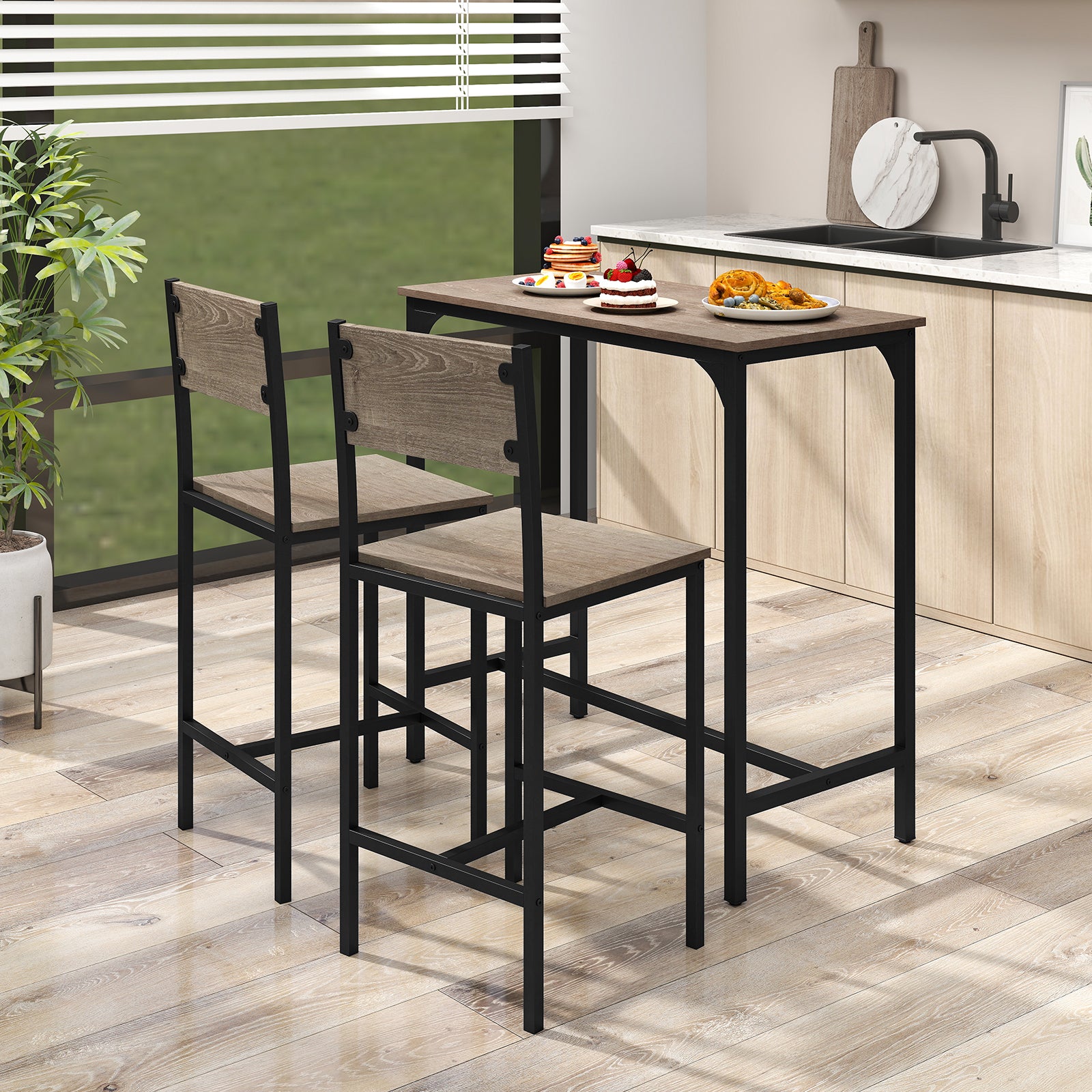 3 Piece Bar Table and Chair Set with Counter Height Stools-Grey