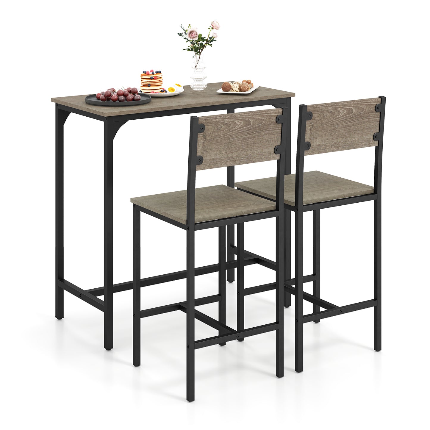 3 Piece Bar Table and Chair Set with Counter Height Stools-Grey