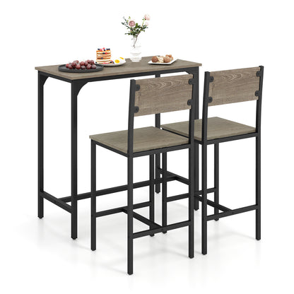 3 Piece Bar Table and Chair Set with Counter Height Stools-Grey