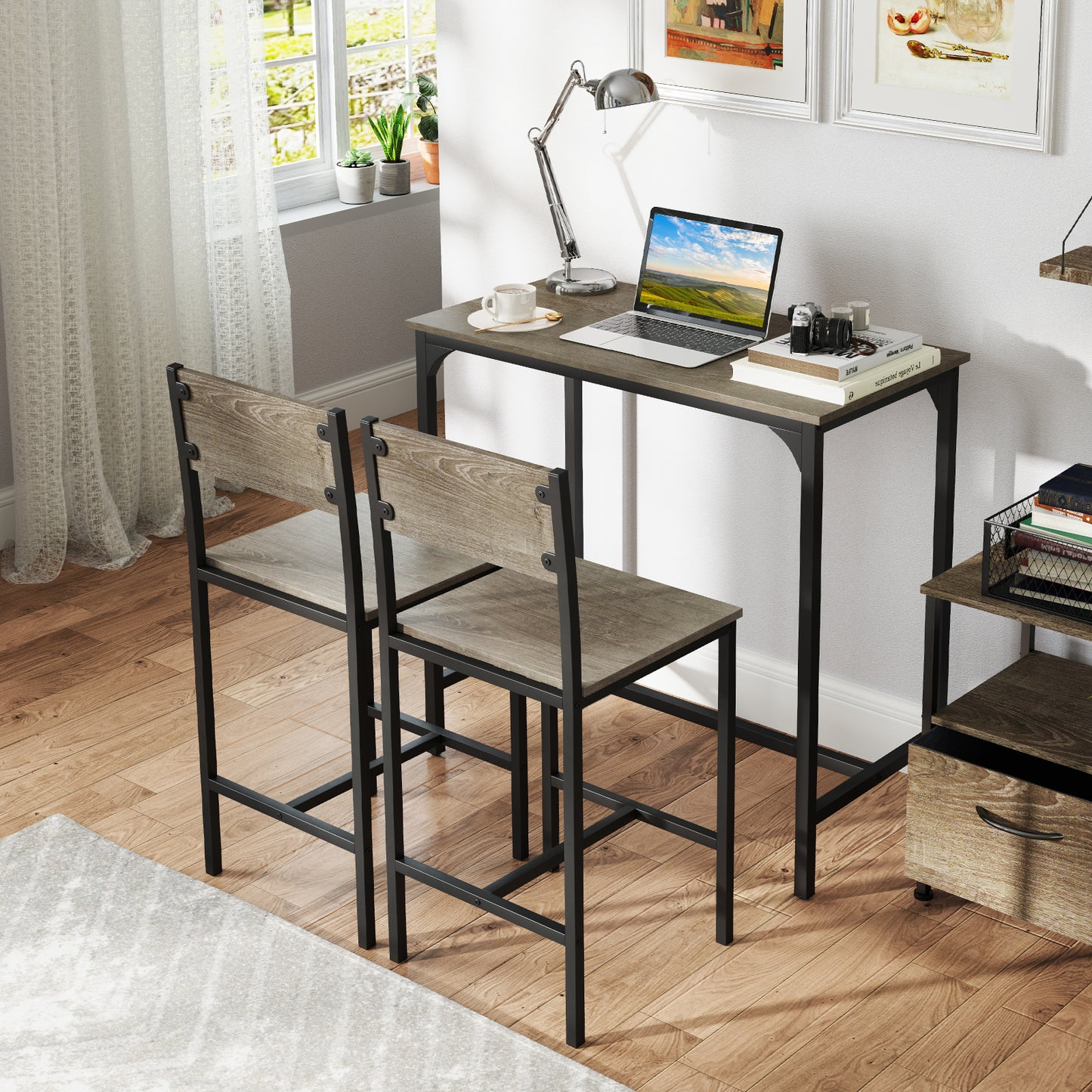 3 Piece Bar Table and Chair Set with Counter Height Stools-Grey