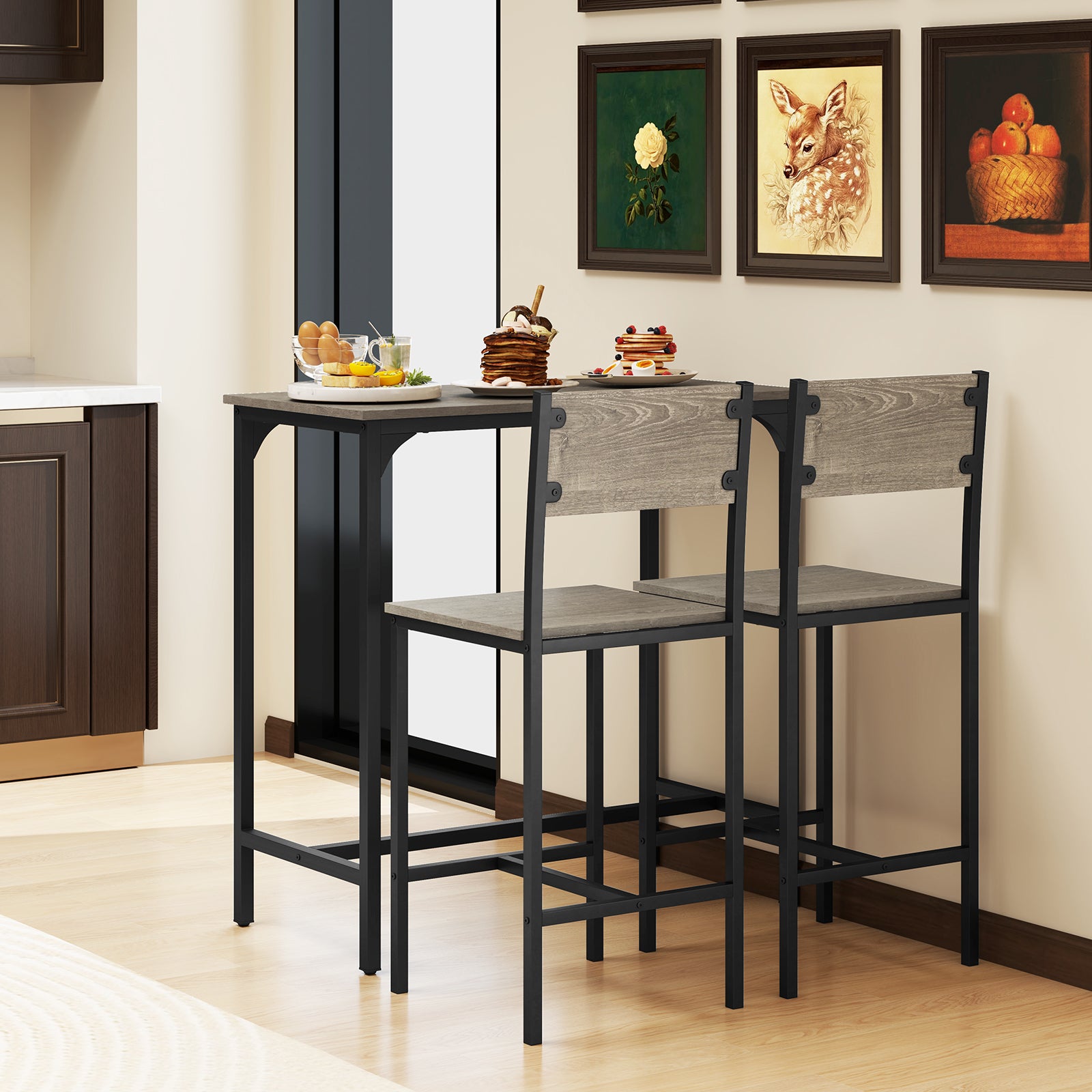 3 Piece Bar Table and Chair Set with Counter Height Stools-Grey