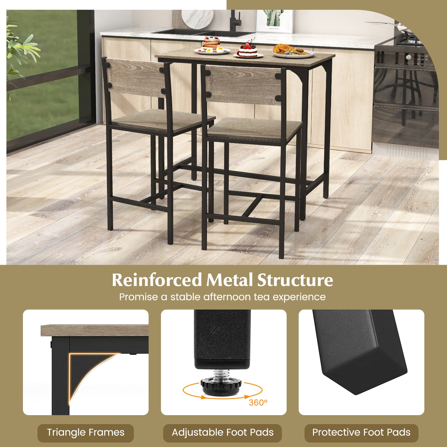 3 Piece Bar Table and Chair Set with Counter Height Stools-Grey