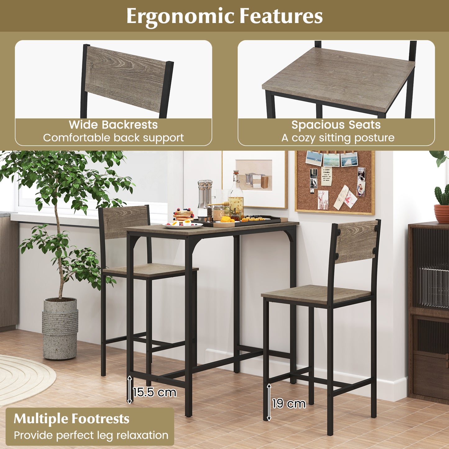 3 Piece Bar Table and Chair Set with Counter Height Stools-Grey