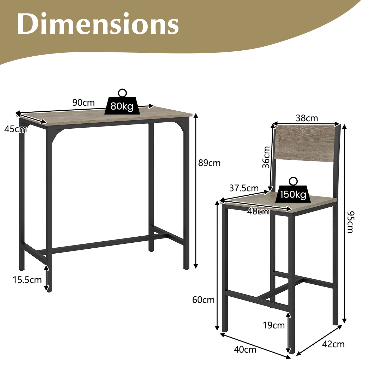 3 Piece Bar Table and Chair Set with Counter Height Stools-Grey