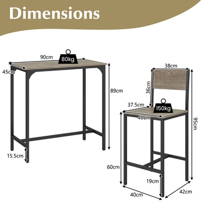 3 Piece Bar Table and Chair Set with Counter Height Stools-Grey