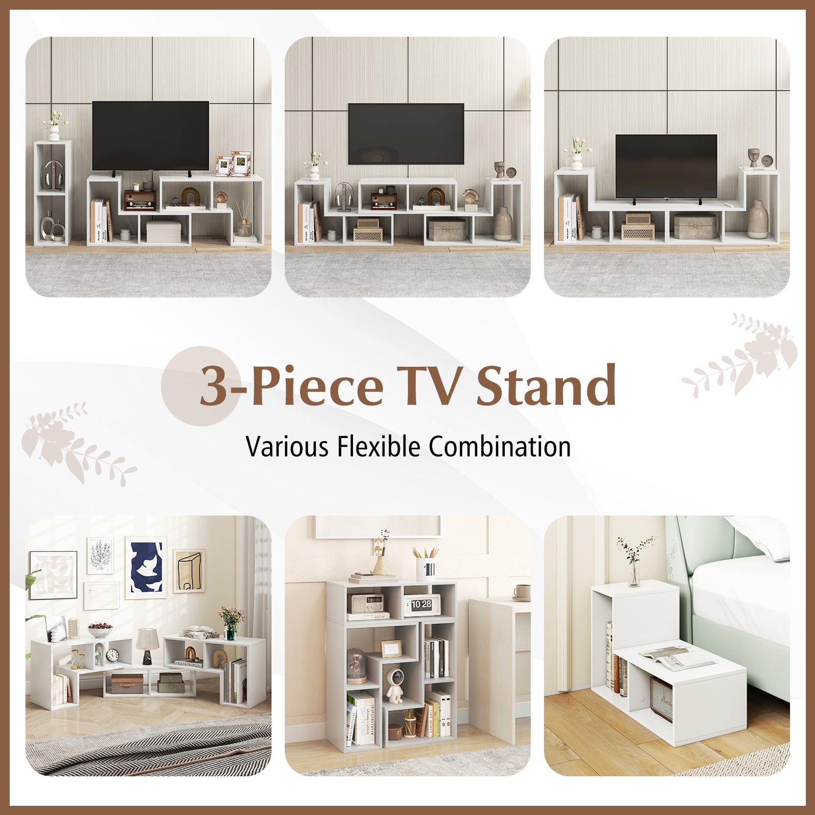 3-Piece Convertible TV Stand for Up to 65 inch TVs-White