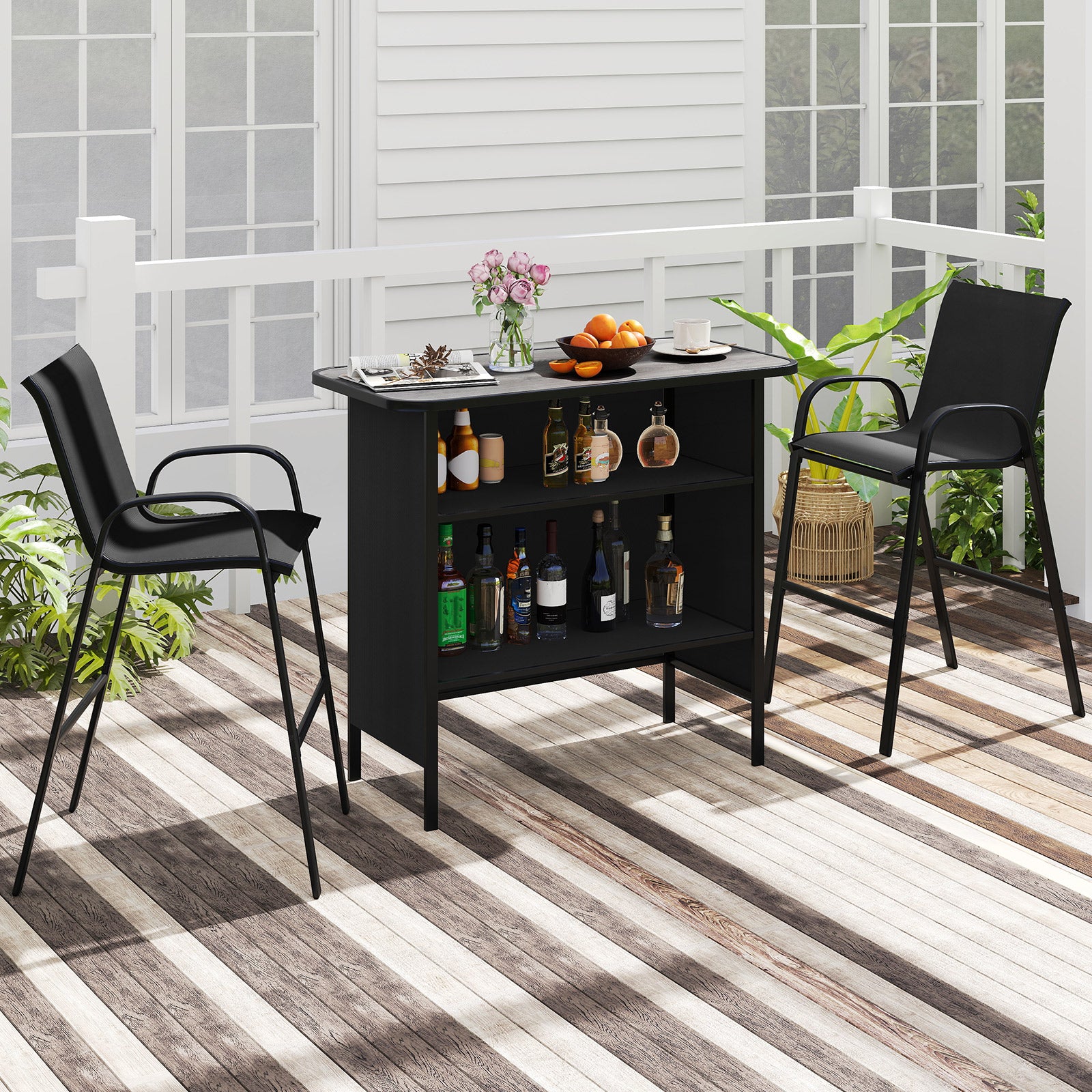 3 Piece Outdoor Bar Set with Breathable Fabric for Backyard-Black
