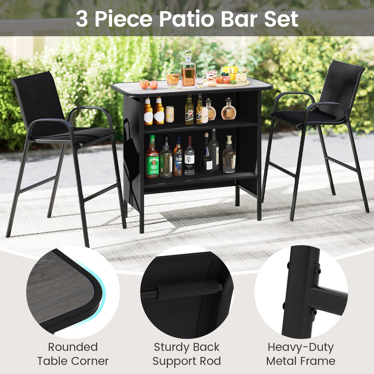 3 Piece Outdoor Bar Set with Breathable Fabric for Backyard-Black
