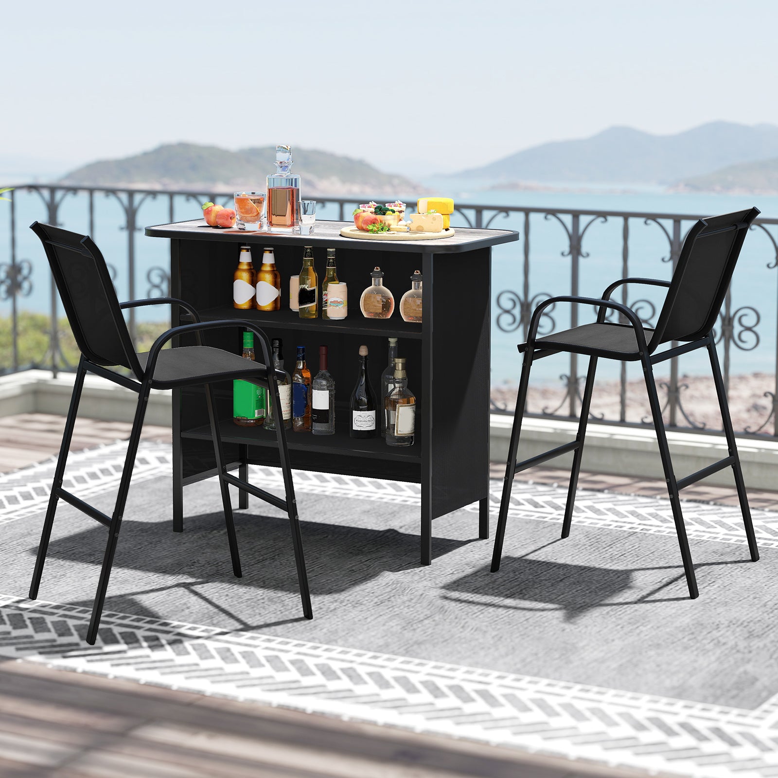 3 Piece Outdoor Bar Set with Breathable Fabric for Backyard-Black
