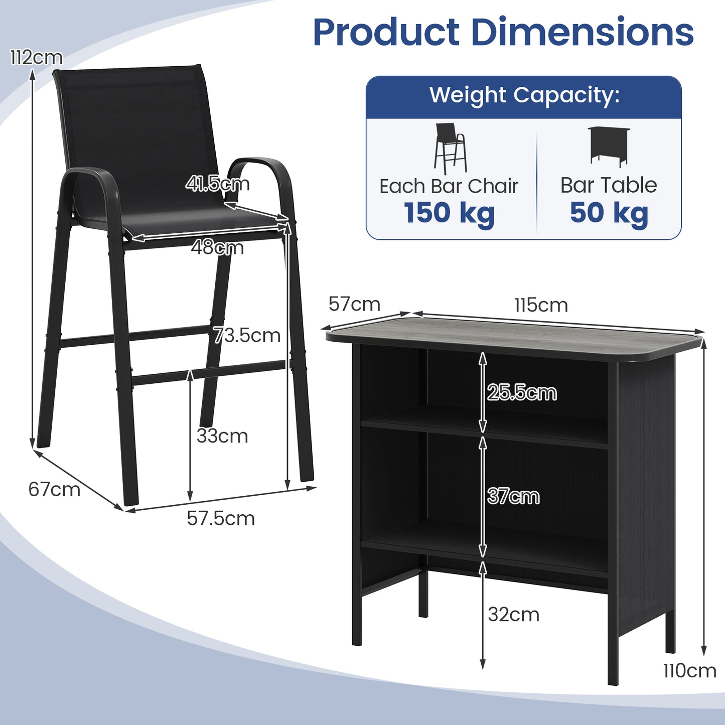 3 Piece Outdoor Bar Set with Breathable Fabric for Backyard-Black