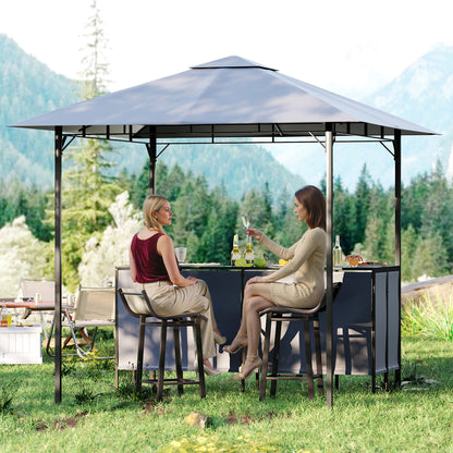 3-Piece Patio Bar Set 2.5 x 2.5 m Double-Tier Grill Gazebo with 2 Bar Stools-Grey