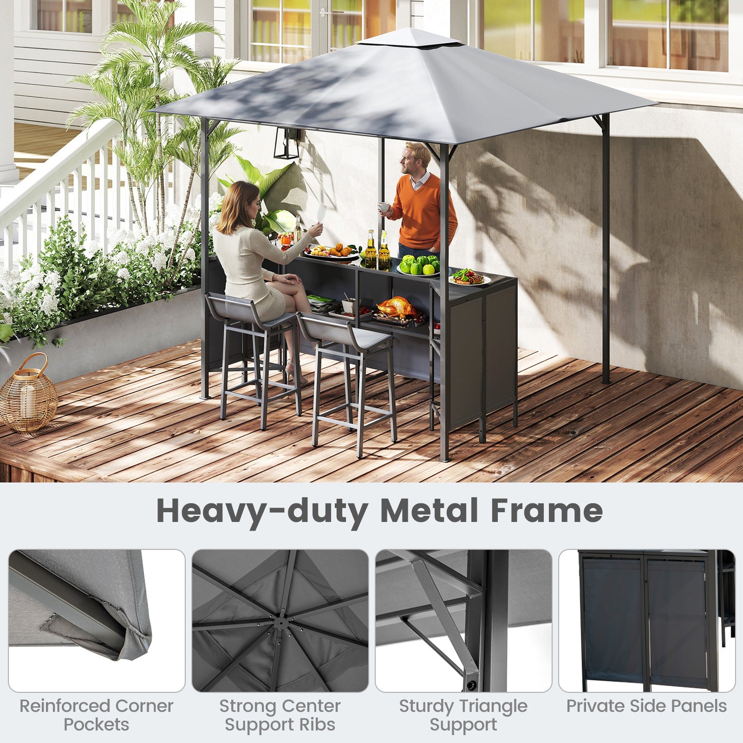 3-Piece Patio Bar Set 2.5 x 2.5 m Double-Tier Grill Gazebo with 2 Bar Stools-Grey