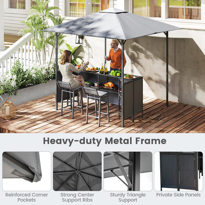 3-Piece Patio Bar Set 2.5 x 2.5 m Double-Tier Grill Gazebo with 2 Bar Stools-Grey